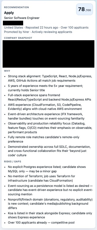 Recommendation detail view with score, rationale, and risks