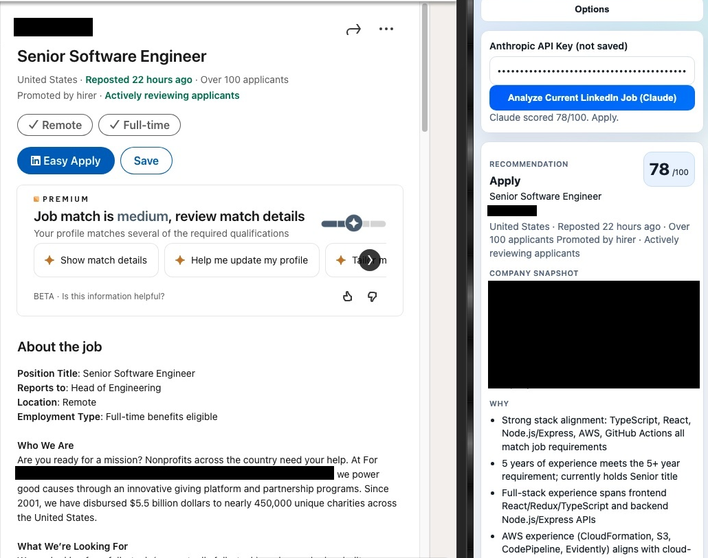 Full-page LinkedIn job view with job-fit side panel
