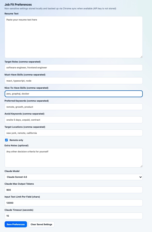 Settings view for resume text, skills, keywords, and preferences